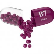 Open capsule with biotin from which the vitamin composition is pouring