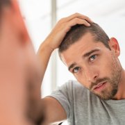 Young man looking at his hair thinning in the mirror