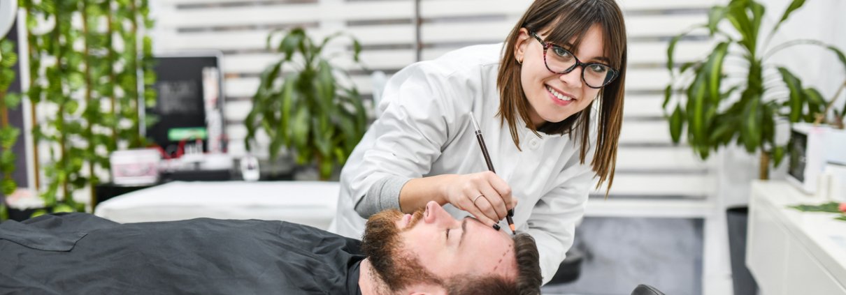 Preparation Of Male Patient For Hair Loss Treatment By Female Doctor In Modern Clinic