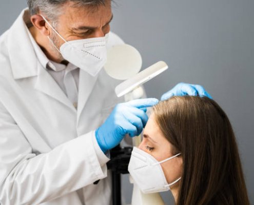 hair doctor examining a female patient's hair